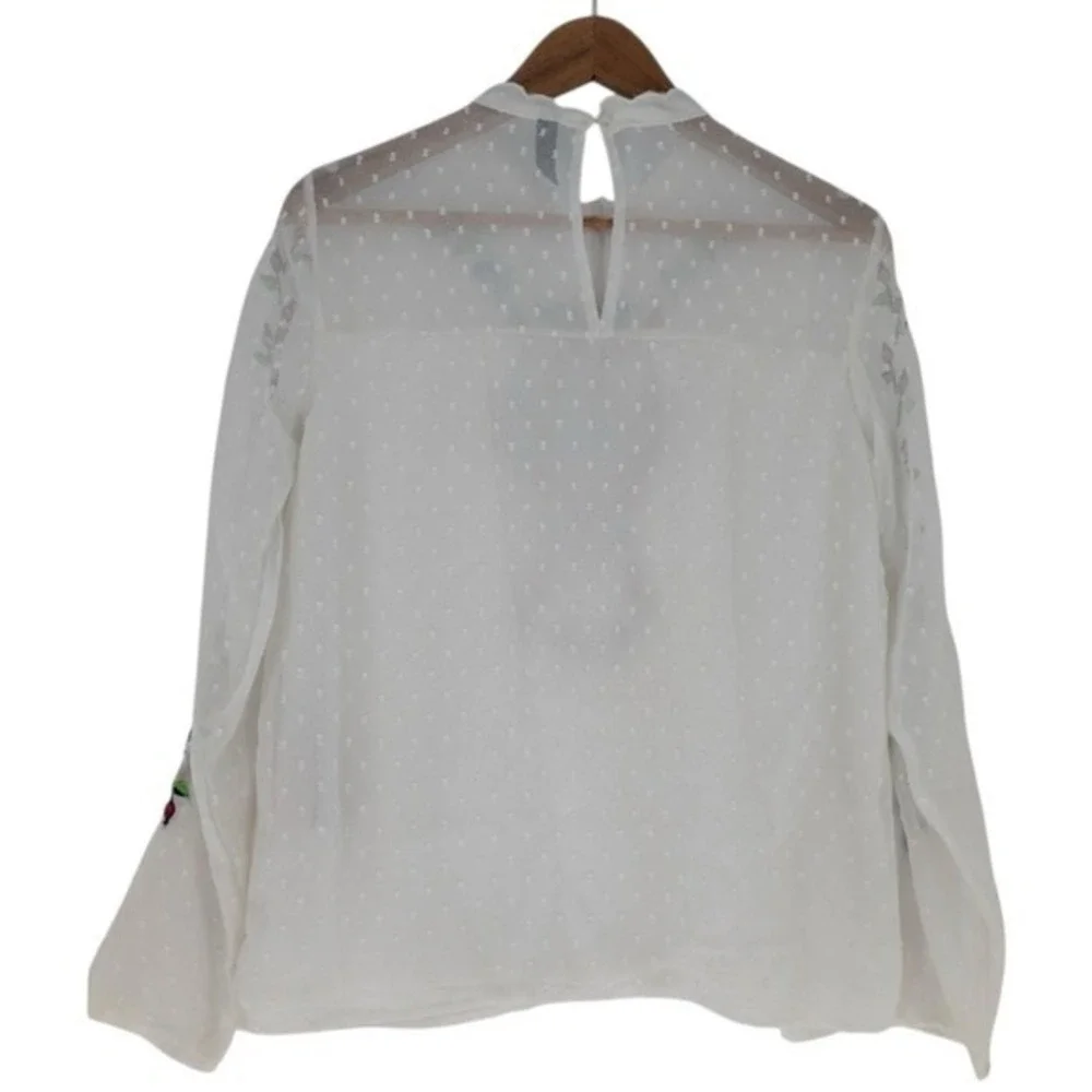 Y.A.S Yasmolia White Swiss‎ Dot Floral Embroidered High Neck Blouse Top Size M